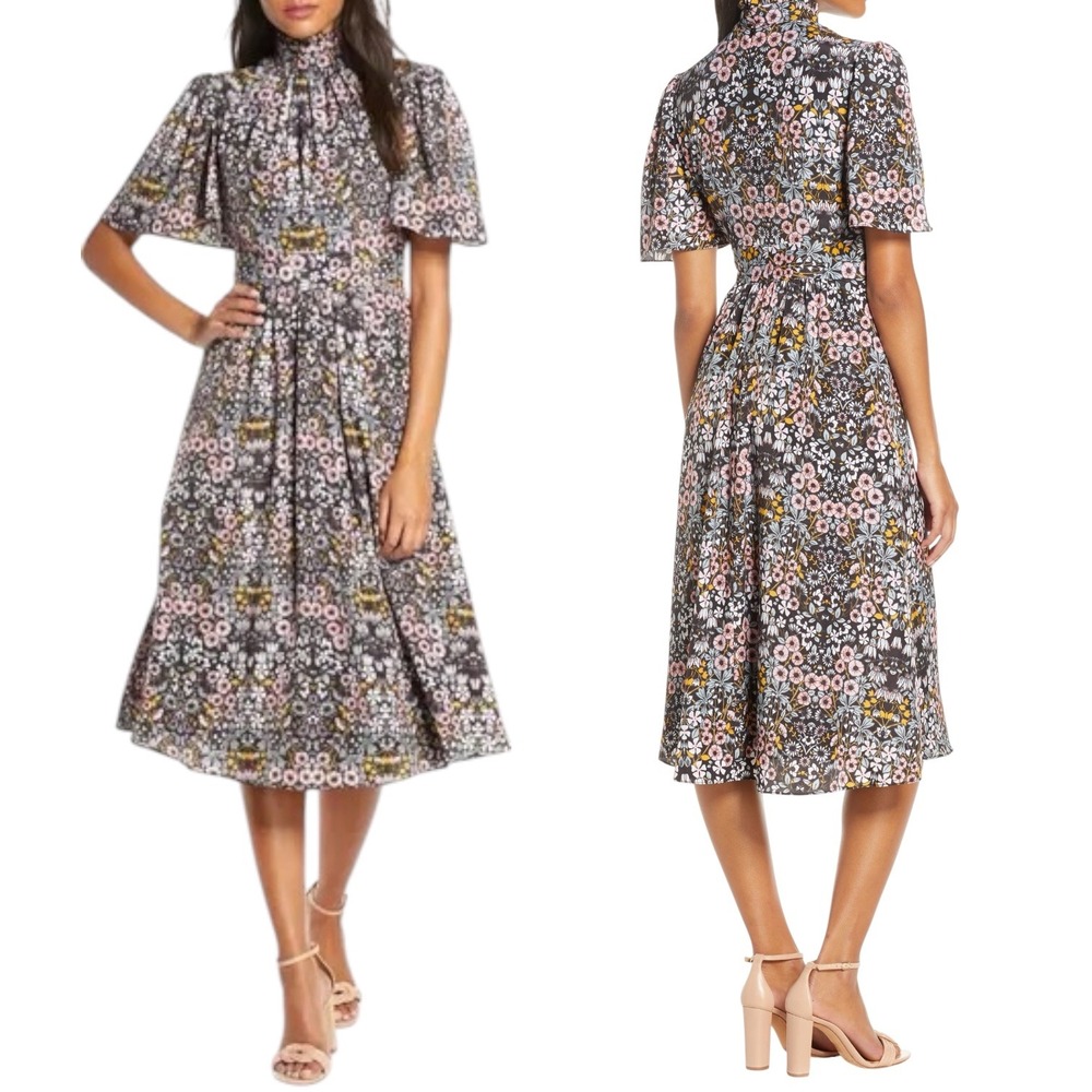 Julia Jordan Dress Ruffle Neck Flutter Sleeve A Line Midi Floral 12 Cottagecore